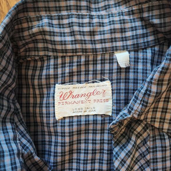 Wrangler Plaid Shirt Permanent Press Long Sleeve Tails Pearl Snap USA Large - Picture 2 of 11